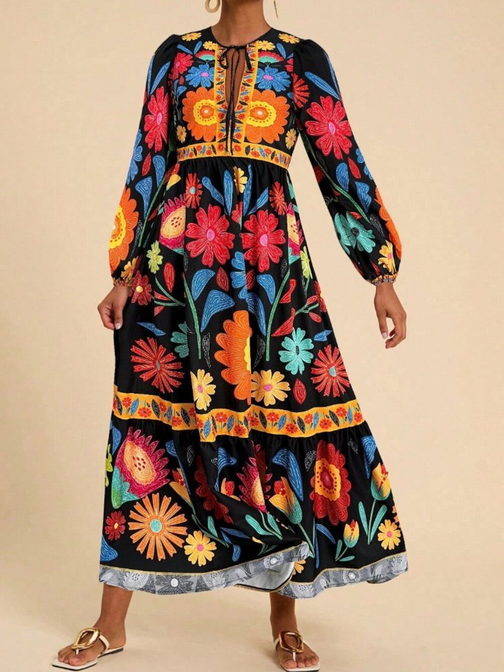 Black Boho Women's Floral Tie-Up Long Sleeve Dress - Picture 3 of 6